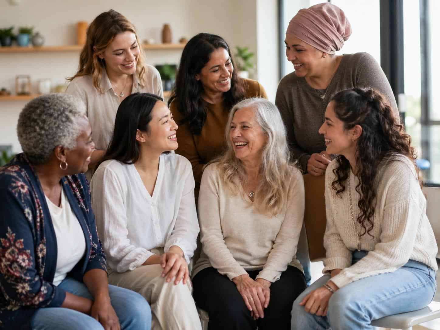 Women and healthcare professionals sharing a positive moment in a medical setting.