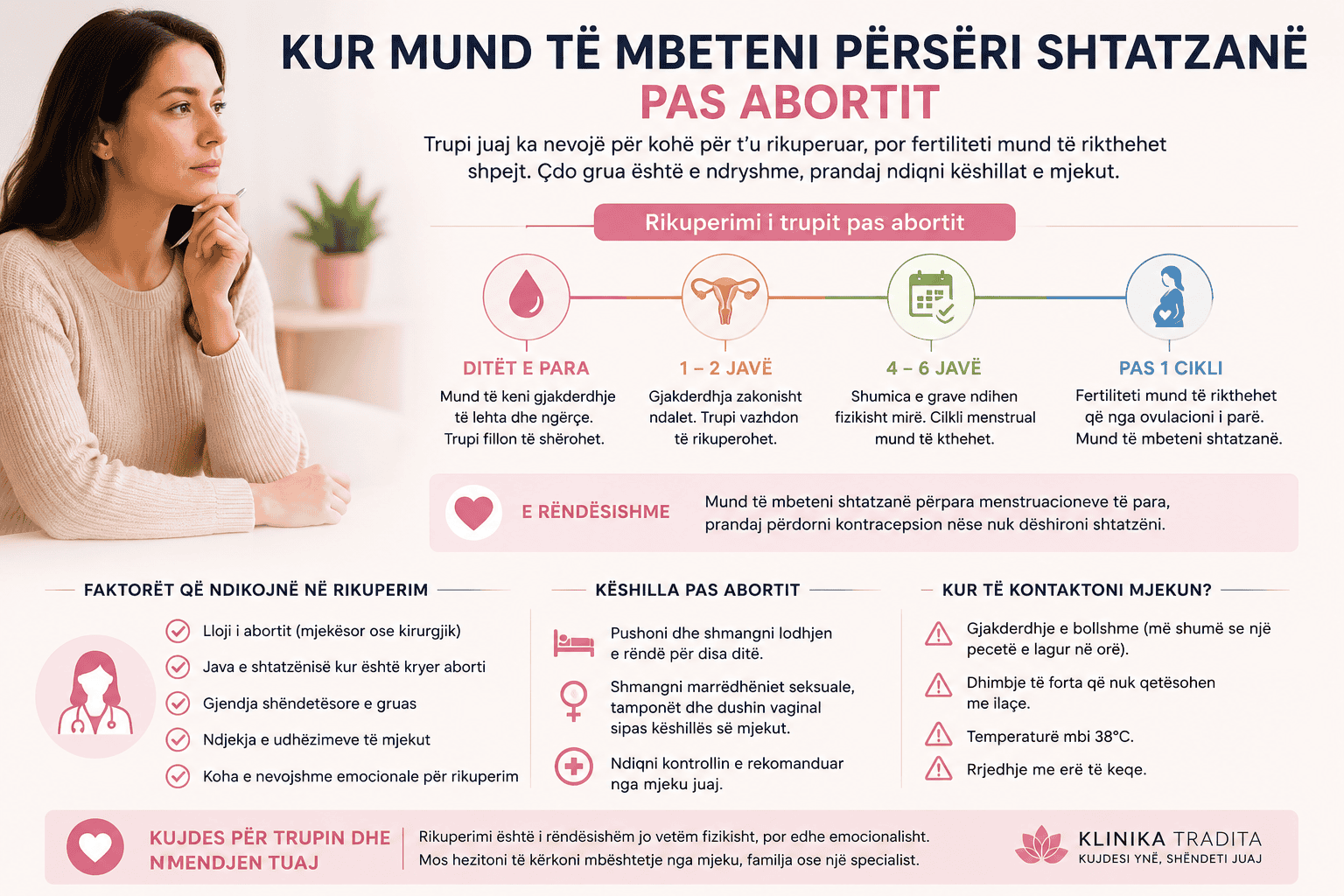 Woman contemplating pregnancy after abortion in a clinical setting.