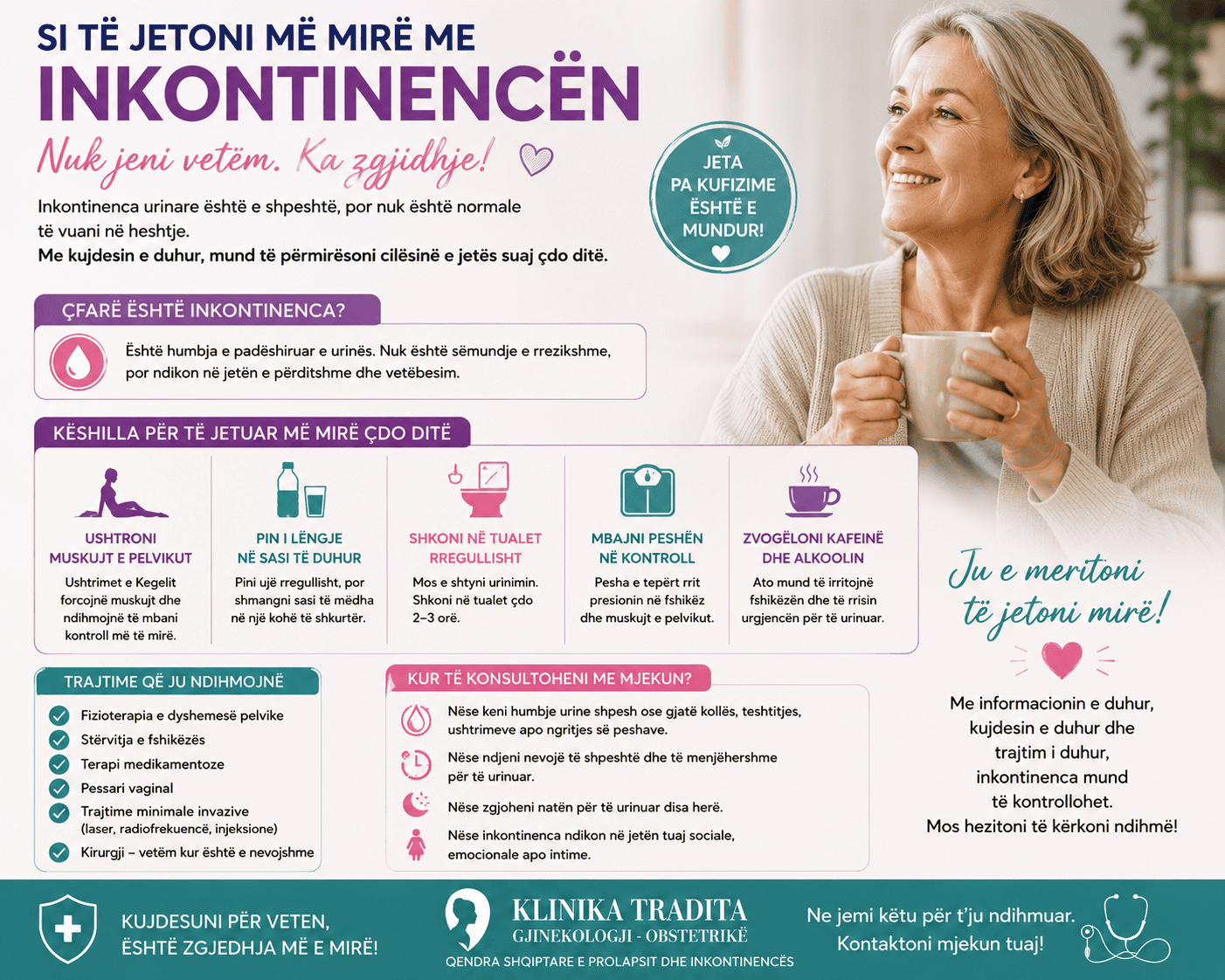 Mjeke femër duke pirë çaj, për informim mbi inkontinencën.
