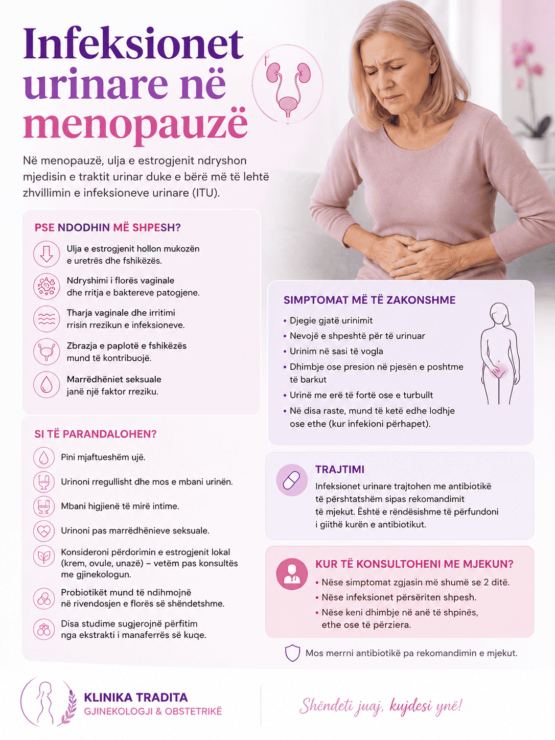 Older woman with urinary discomfort, holding her lower abdomen.