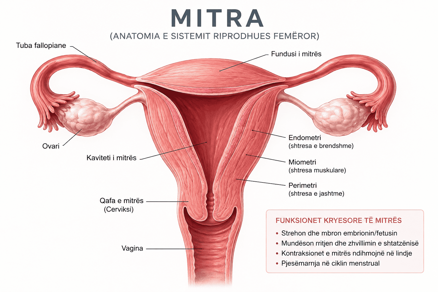 Detailed diagram of female reproductive organs with labels in Albanian.
